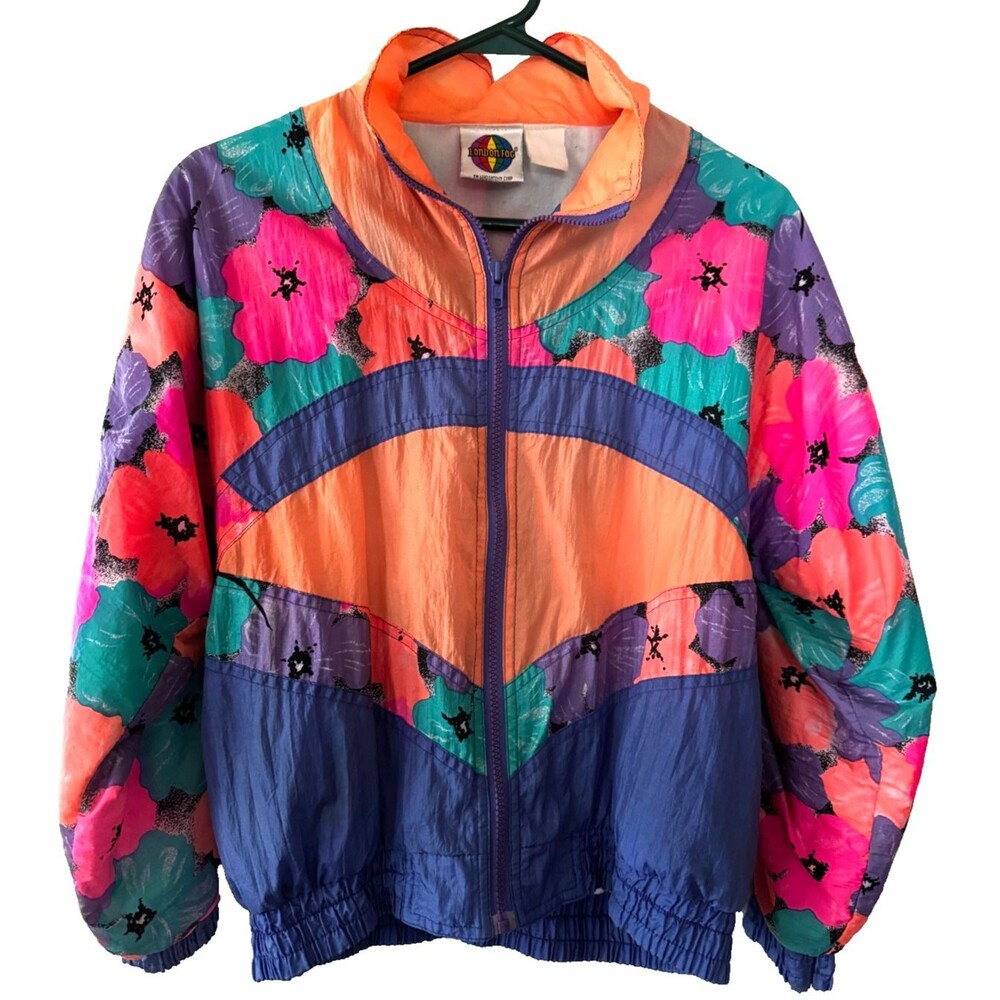 Vtg 80's London Fog Windbreaker, Colorblock Floral Neon Pink Purple, Retro M/L